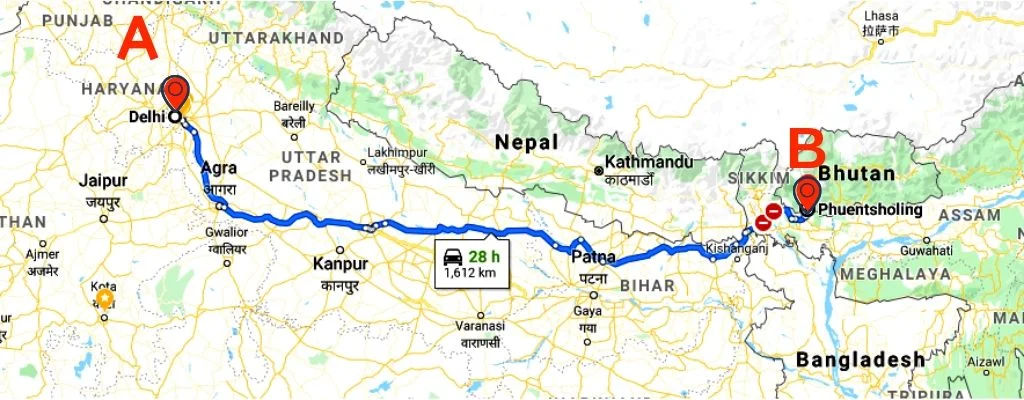 distance to Bhutan from Delhi