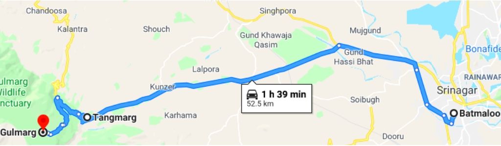 Srinagar(Batmaloo) to Gulmarg map